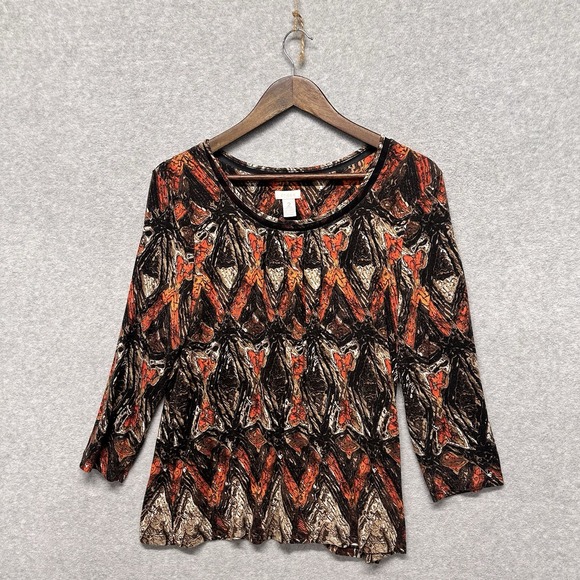 Chicos Women's Size 2 L 3/4 Sleeve Blouse Top Scoop Neck Shirt Stretch Geometric - Picture 5 of 9